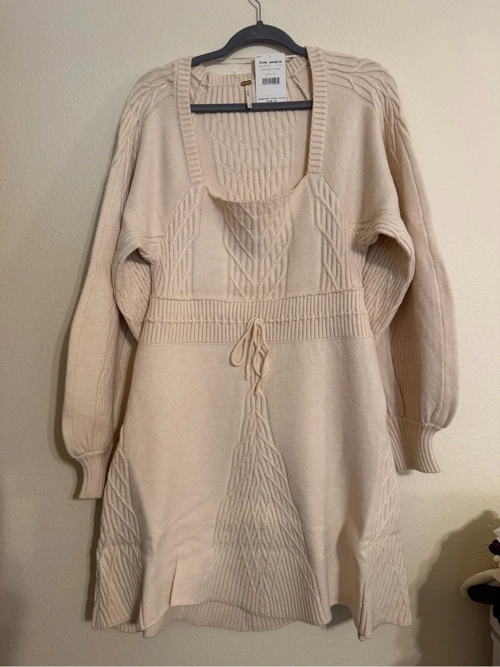 Free People Beige Cable Knit Drawstring Sweater Dress